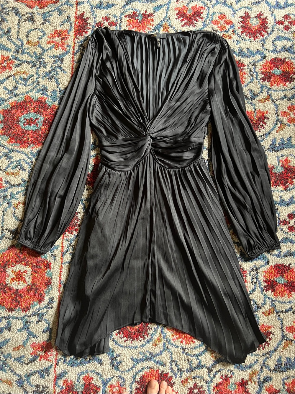 Maje Black Long-Sleeve Pleated Twist-Front Dress